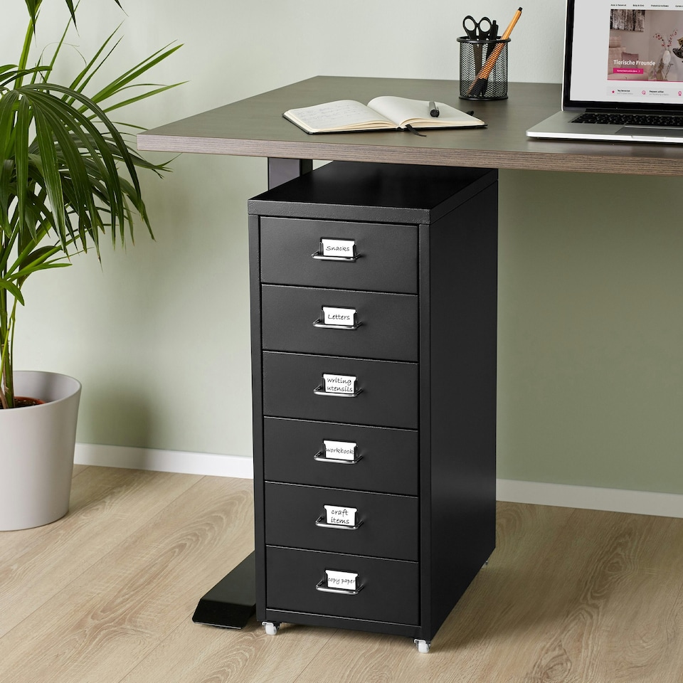 image 1 of Filing Cabinet - made of steel, 4 wheels, 6 drawers, label holders, easy assembly Black