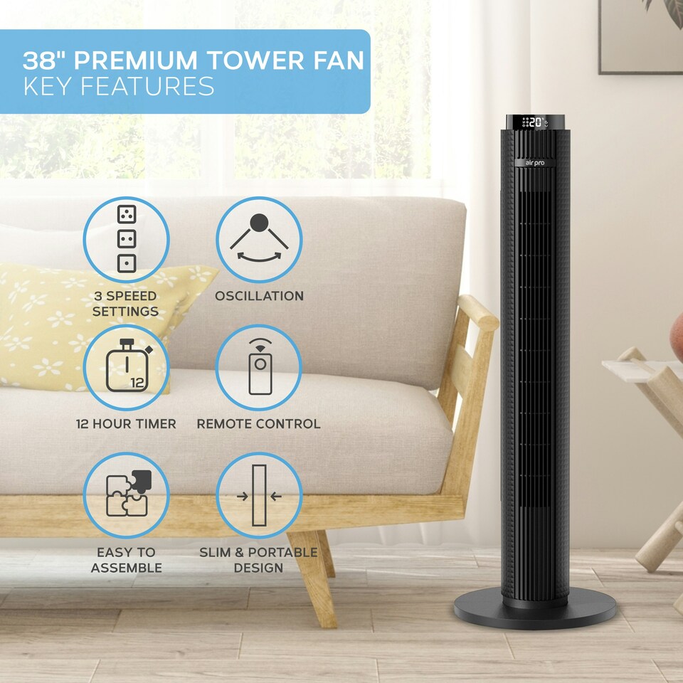 image 1 of Air Pro Smart 38" Tower Fan - Oscillating Bladeless Fan with Remote Control - Black