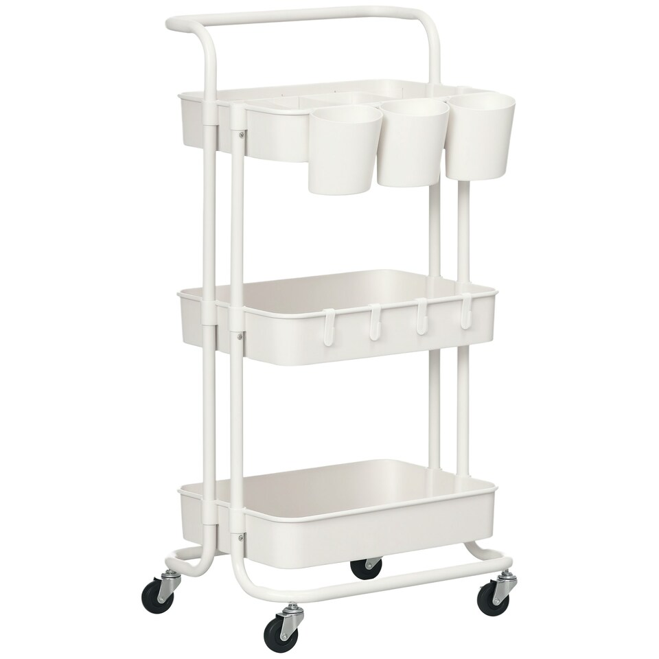 image 1 of HOMCOM 3 Tier Utility Rolling Cart, Kitchen Cart with 3 Removable Mesh Baskets, 3 Hanging Box, 4 Hooks and Dividers for Living Room, Laundry, Garage, White