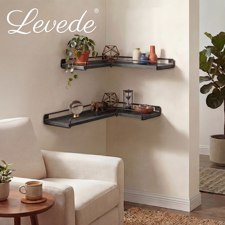 image 1 of Levede Floating Shelves Set of 2 L-Shaped Corner Shelves Wall Mounted Black