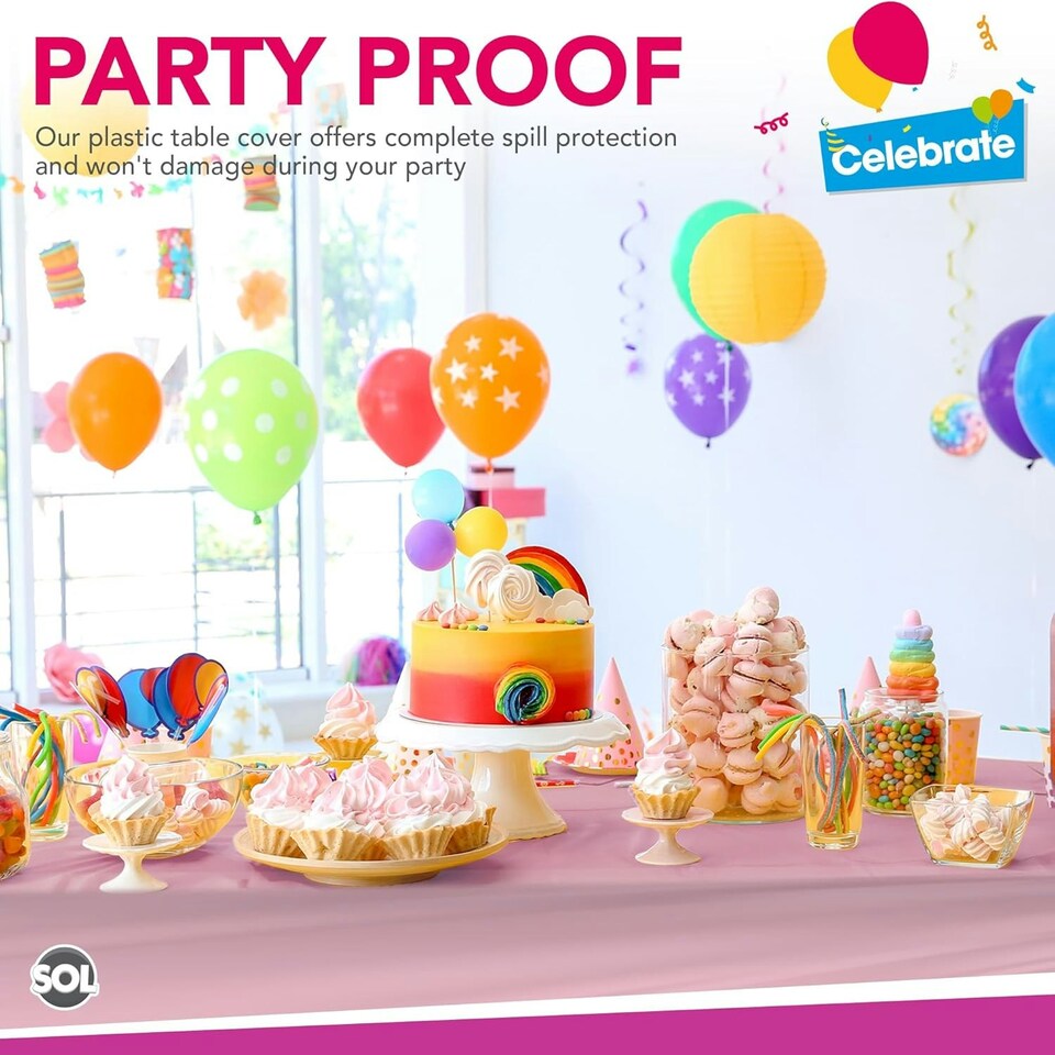 image 1 of SOL 2pk Long Pink Table Cloth Party 274x137cm Plastic Cover Disposable Pink