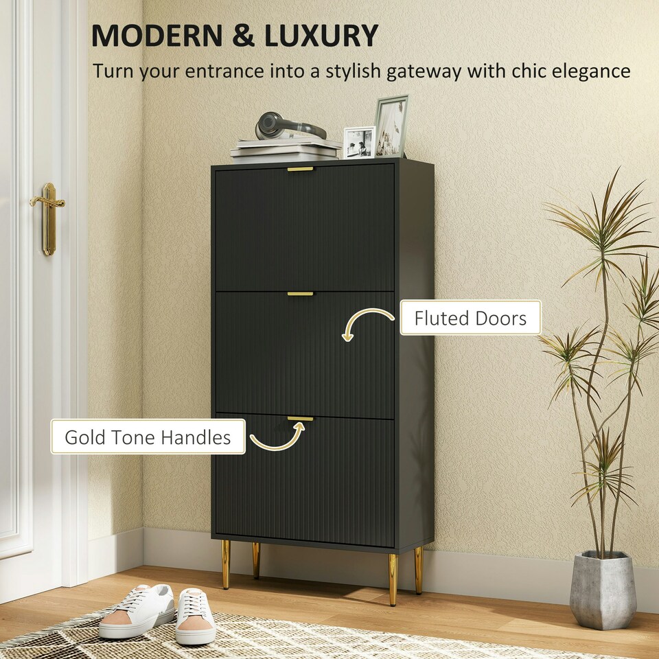 image 1 of HOMCOM Slim Shoe Storage Cabinet with 3 Flip Drawers for Hallway Black | Gold | 60W x 24D x 128H cm