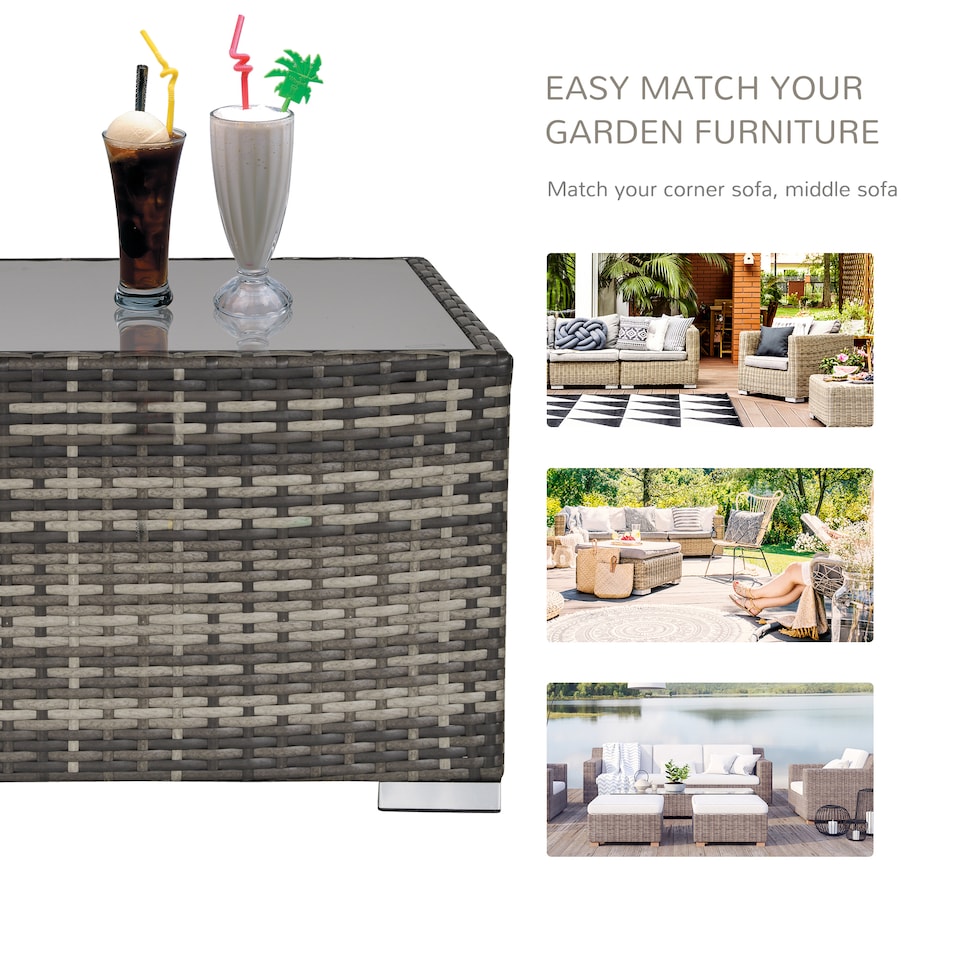 image 1 of Outsunny Rattan Garden Coffee Table, 65 cm Square Garden Rattan Table with Tempered Glass Top, All Weather Wicker Bistro Outdoor Furniture for Patio, Balcony, Porch, Deep Grey