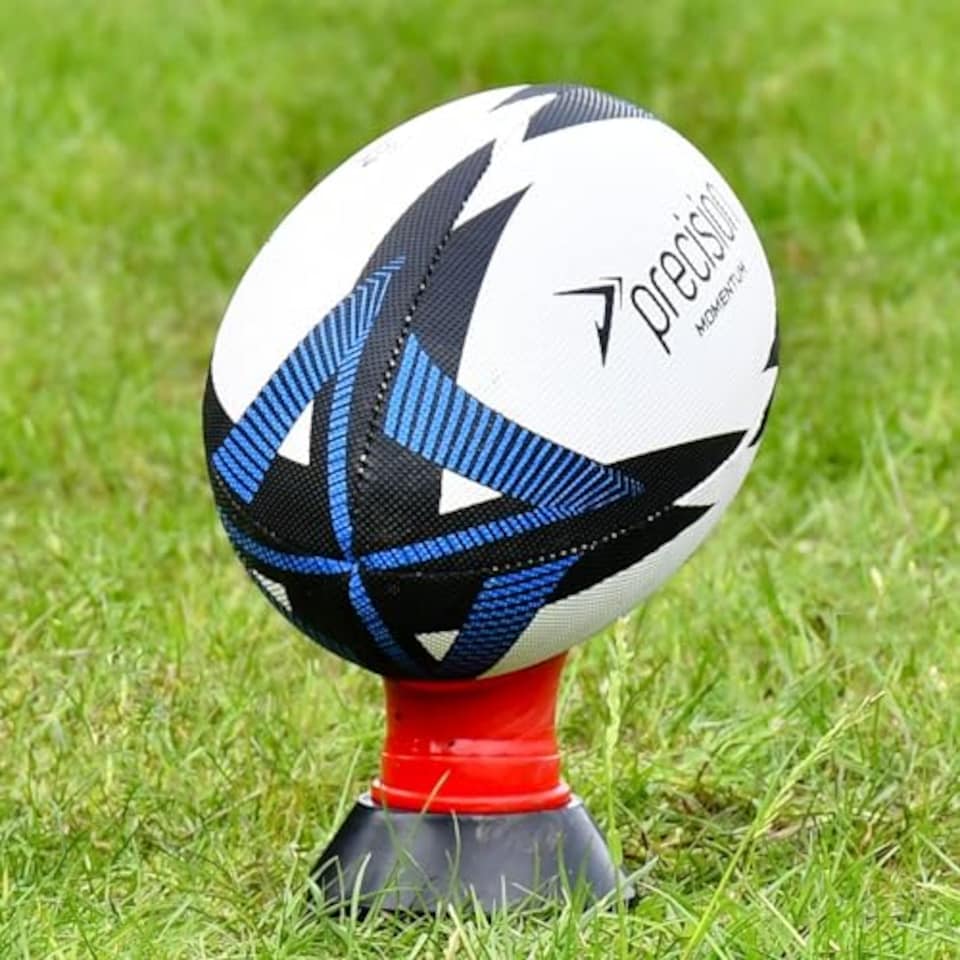 image 1 of Precision Momentum Rugby Training Ball, Premium Rubber, Hand-Stitched, All-Weather Grip, Extra Strong, Ideal For Clubs And Schools, White|Black|Blue, Size 4
