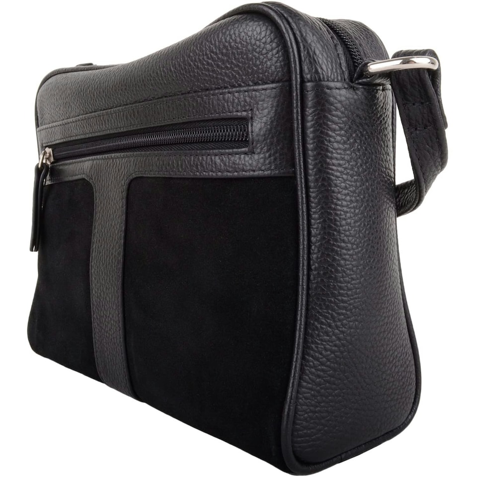 image 1 of Genuine Soft Leather Crossbody Shoulder Handbag with Suede Panelling Black | Black