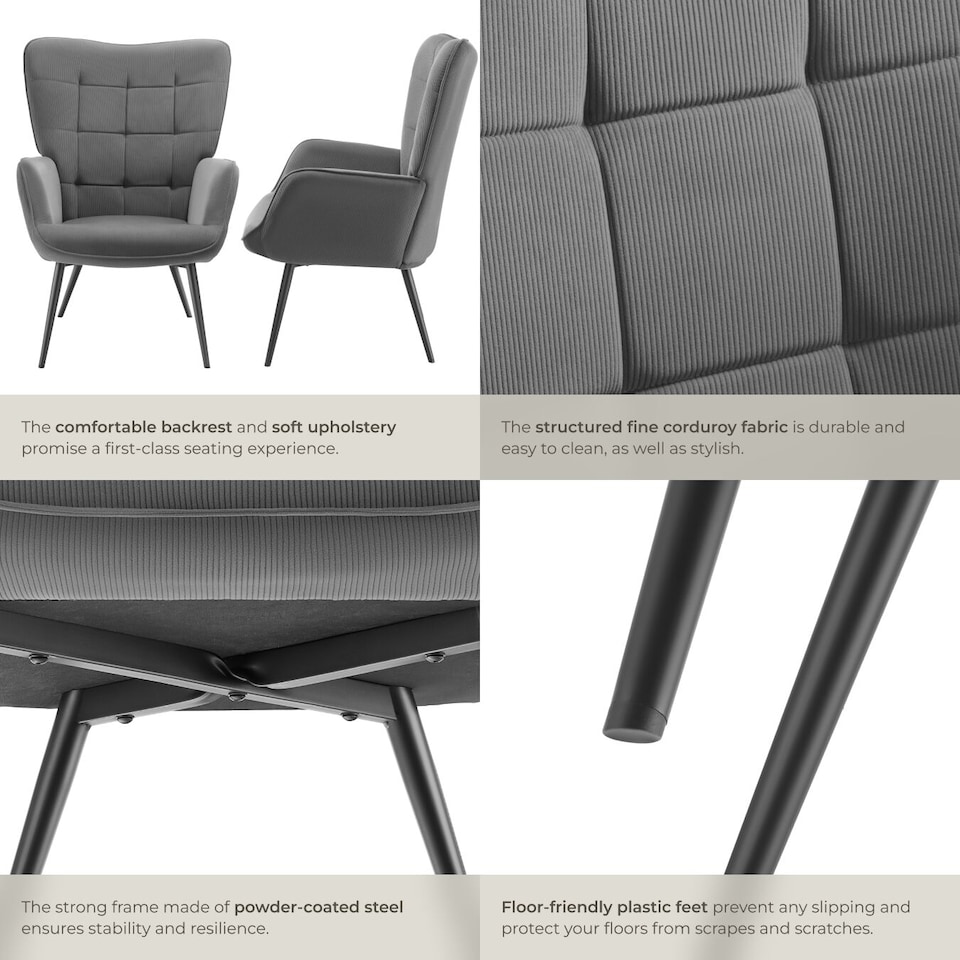 image 1 of Armchair Hygge - padded, armrests and ergonomic backrest, 150 kg load capacity | Grey | Fine cord anthracite/black | One Size | 1