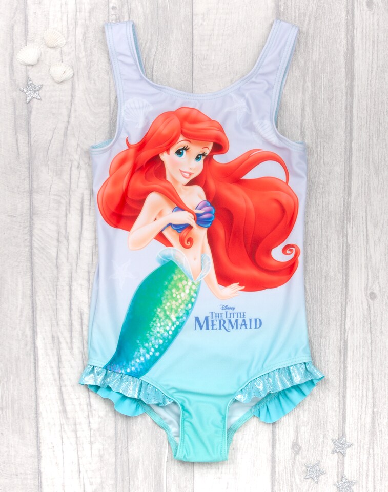 image 1 of Disney Girls Swimsuit The Little Mermaid & Hooded Towel Poncho | Kids Ariel, Sebastian & Flounder Towelling Robe | Childrens Swimming Costume