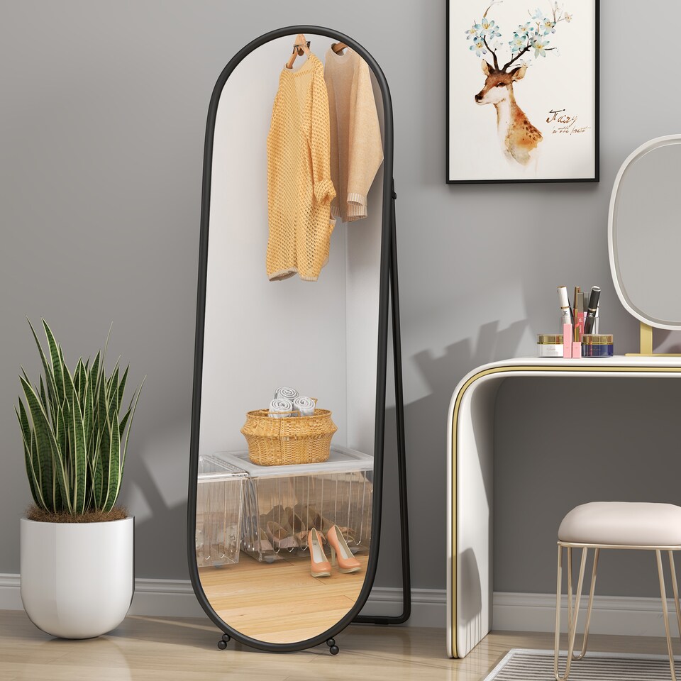 image 1 of HOMCOM 40 160cm Full Length Mirror, Floor Standing or Leaning Against Wall Tall Mirror with Support Frame, Oval Full Body Mirror for Bedroom, Living Room, Black
