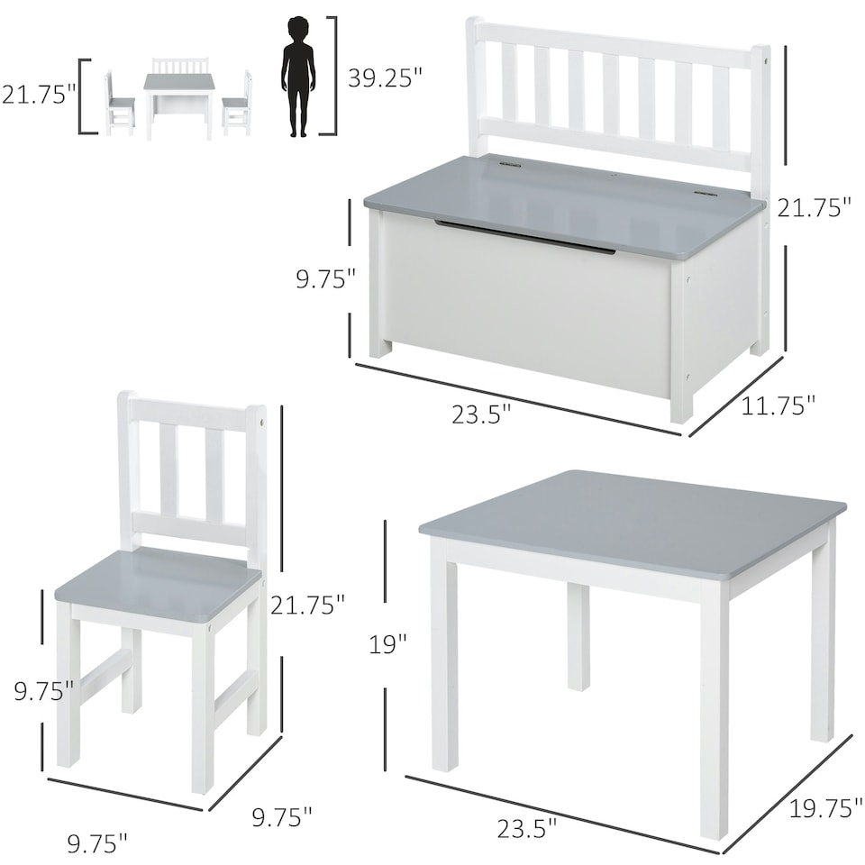 image 1 of HOMCOM 4-Piece Set Kids Wood Table Chair Bench w/ Storage Function for 3 Years+ Grey