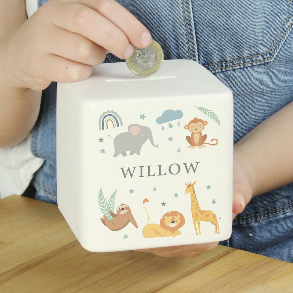 image 1 of Personalised Safari Animals Ceramic Square Money Box