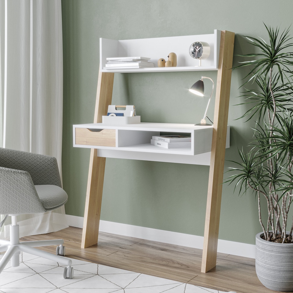 image 1 of White & Oak Ladder Desk with Drawer