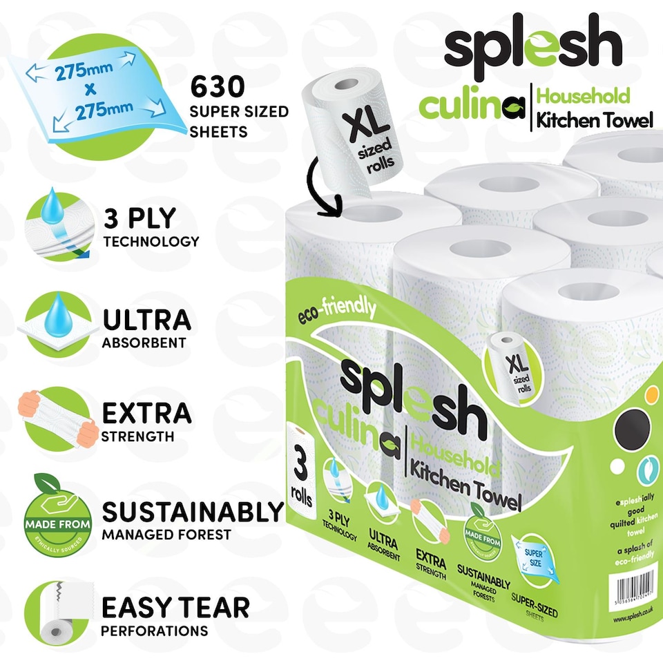 image 1 of Splesh Toilet Roll Quilted White 24 Rolls with Culina Kitchen Towel 9 Rolls