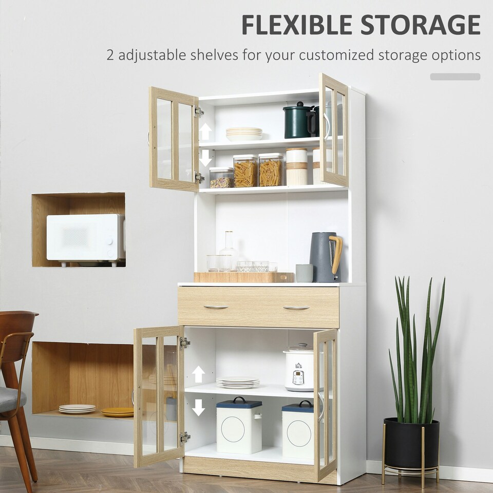 image 1 of HOMCOM 1.8m Kitchen Cupboard,Storage Cabinet, Framed Glass Doors with Shelves