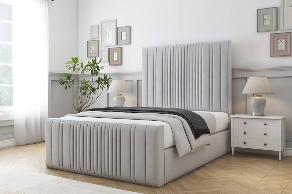 image 1 of Sloomy Kingsley Silver Plush Bed Frame With 50" Upholstered Headboard 6' Super King