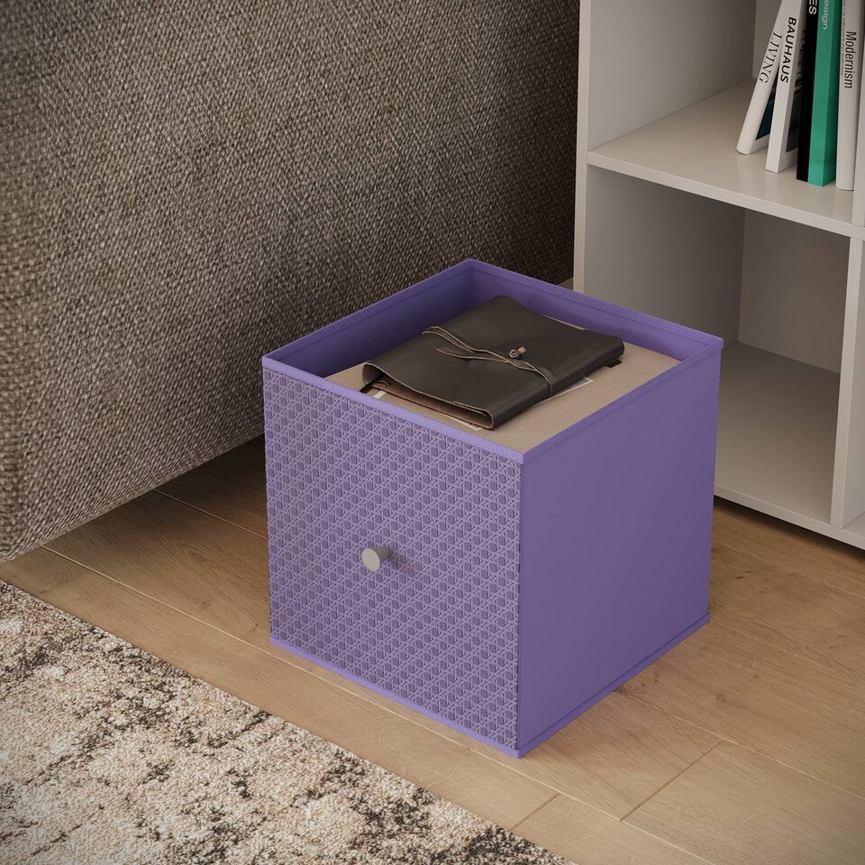 image 1 of 9 Cube Wooden Bookcase Shelving Unit with 5 Collapsible Fabric Drawers | Multi | Grey & Lilac | 1