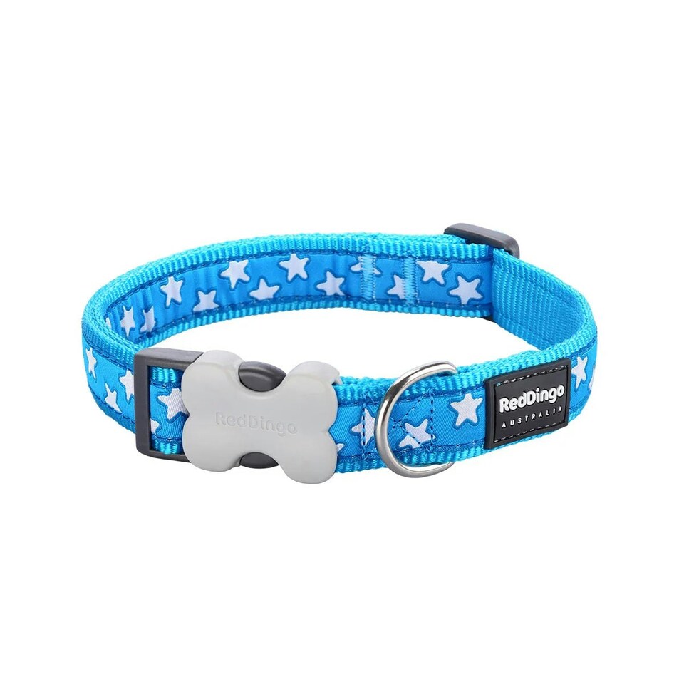 image 1 of Dog Collar Design Stars White on Turquoise Blue | S