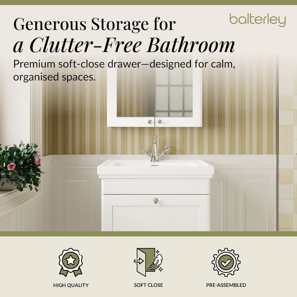 image 1 of Bathroom Wall Hung 1-Drawer Vanity Unit & Fireclay Basin, White, 600mm | White | Satin White | 471 x 631 x 496mm