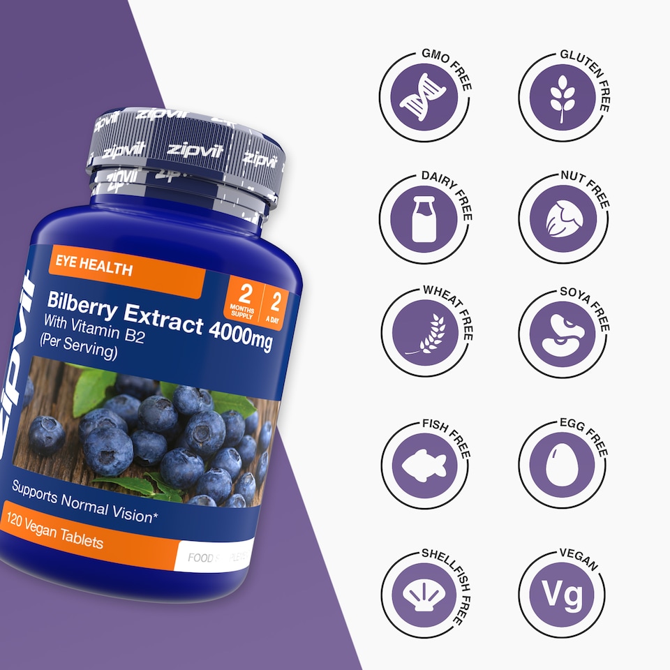 image 1 of Zipvit Bilberry 4000mg with Vitamin B2, Eye Health & Vision Support, 120 Vegan Tablets, 2-Month Supply