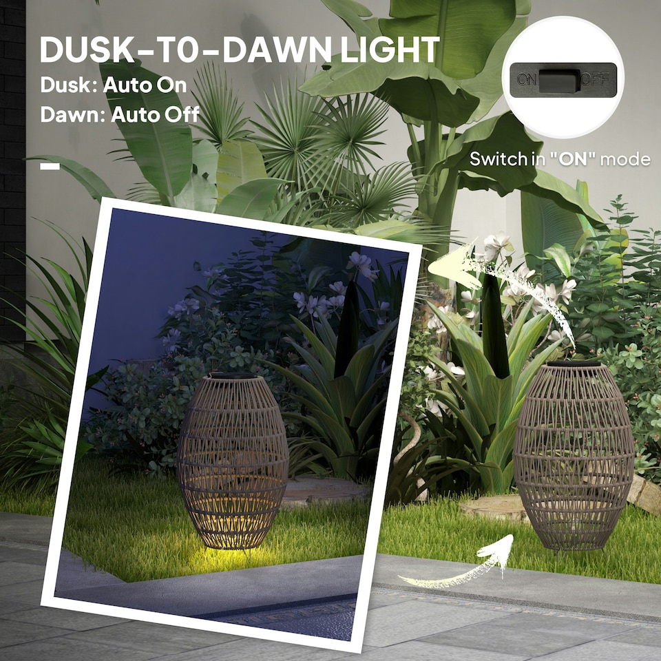 image 1 of Outsunny Rattan Solar Lamp, Auto On/Off Garden Lantern, Dark Brown 