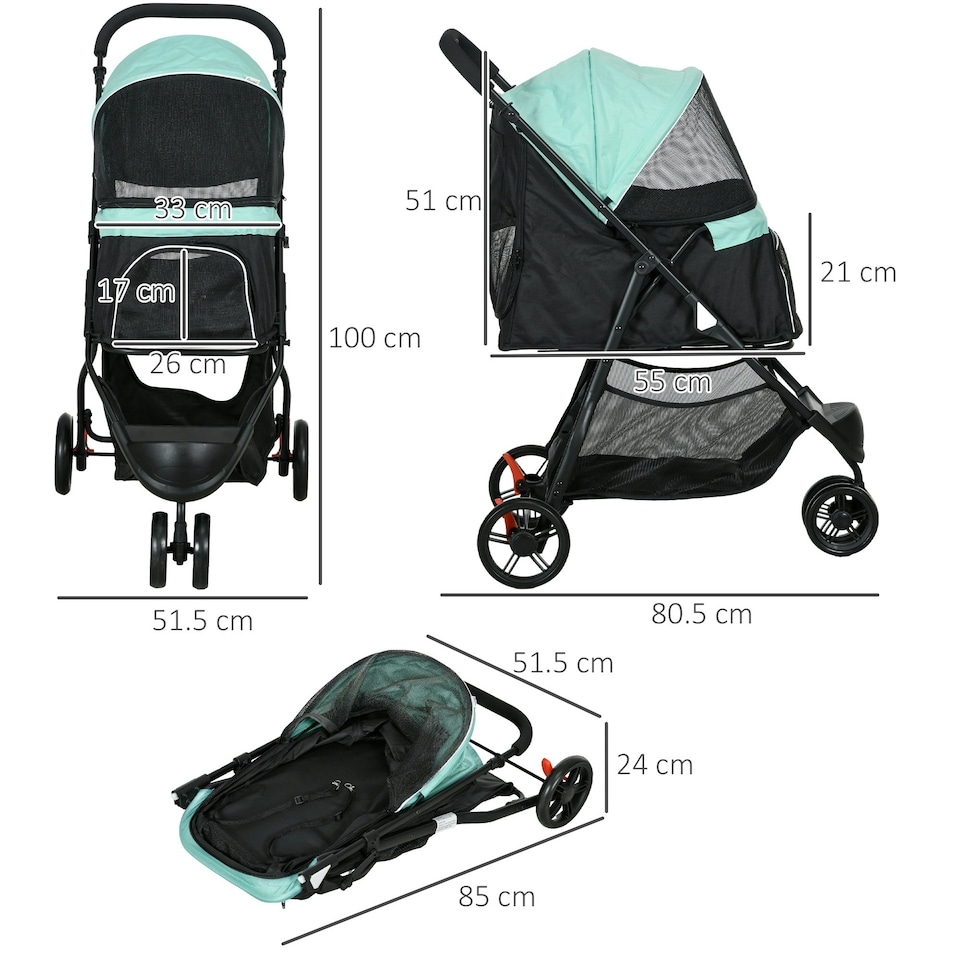 image 1 of PawHut Dog Stroller for XS Dogs, S Dogs, Cats with Rain Cover - Green