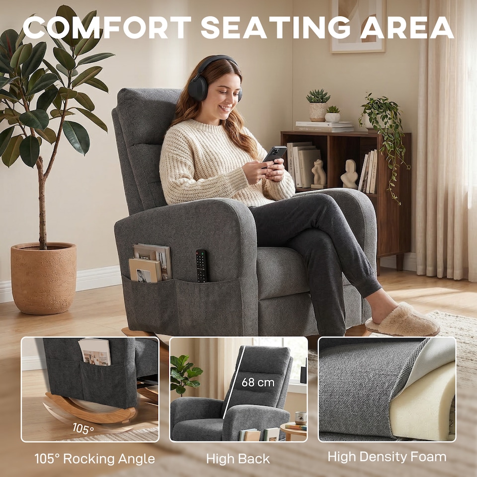 image 1 of HOMCOM Upholstered Rocking Chair with Retractable Footrest, High Back Grey