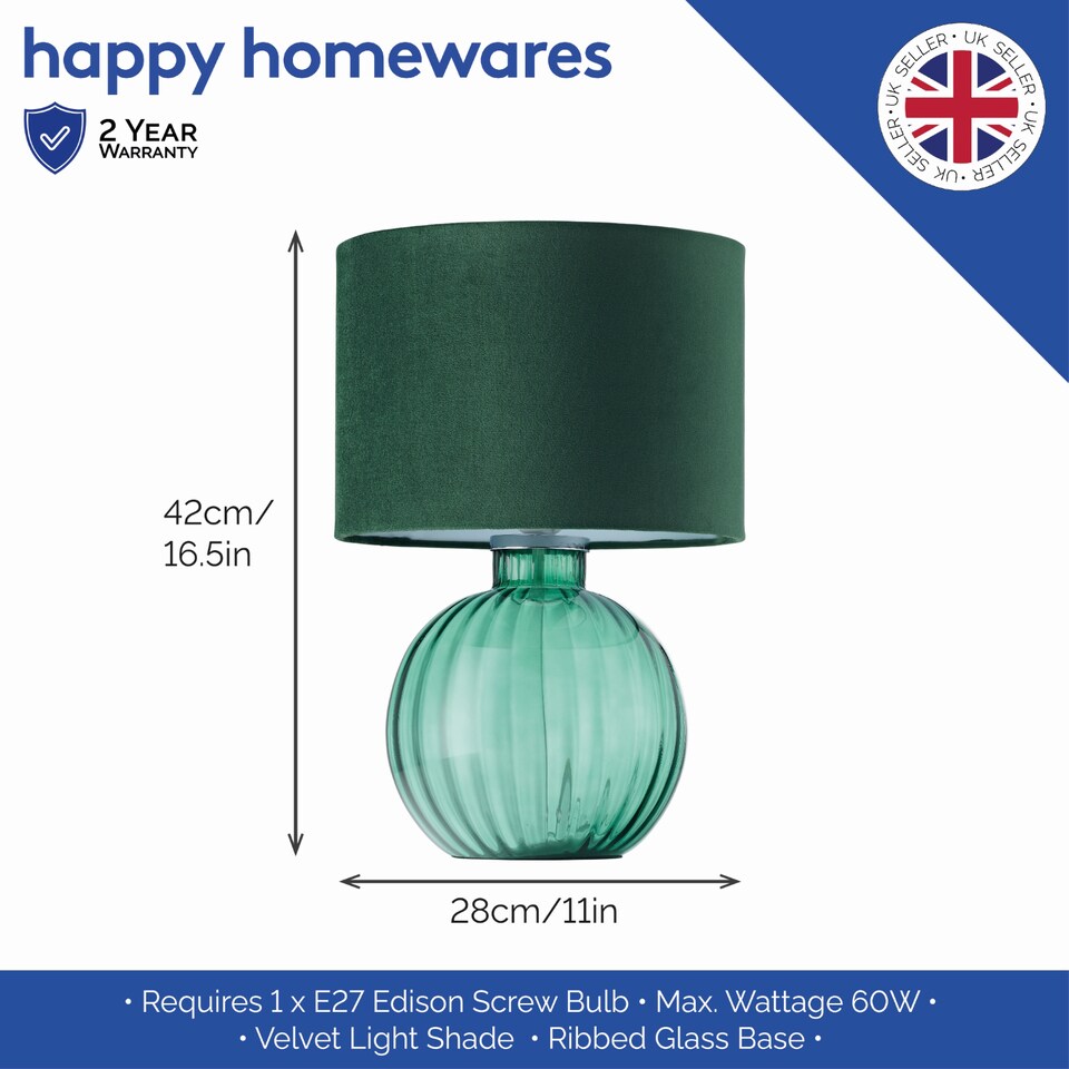 image 1 of Contemporary Emerald Ribbed Glass Table Lamp with Forest Green Velvet Shade | Green