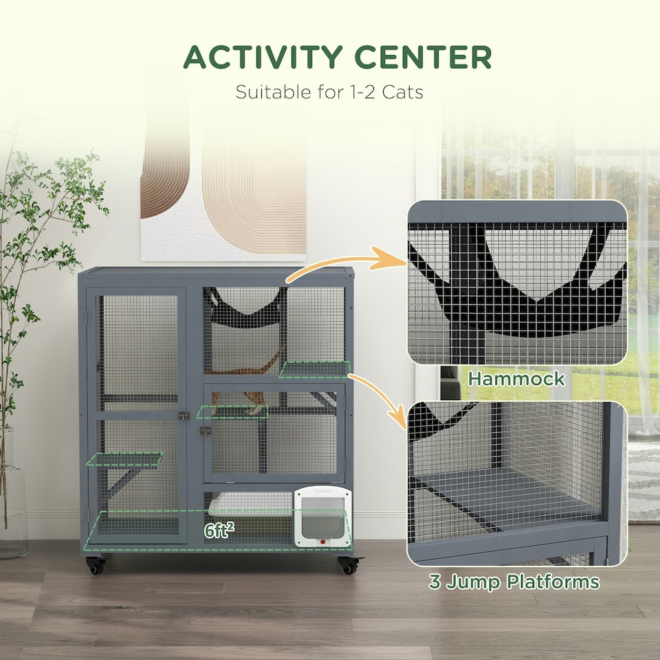 image 1 of PawHut Indoor Catio Cat House on Wheels with Platforms, Hammock
