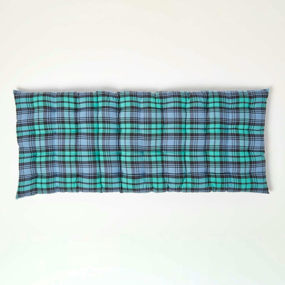 image 1 of Homescapes Garden Bench Cushion Luxury 2 Seater Cotton Tartan Indoor Outdoor Seat Pad | Green | 108 x 42 cm | 1