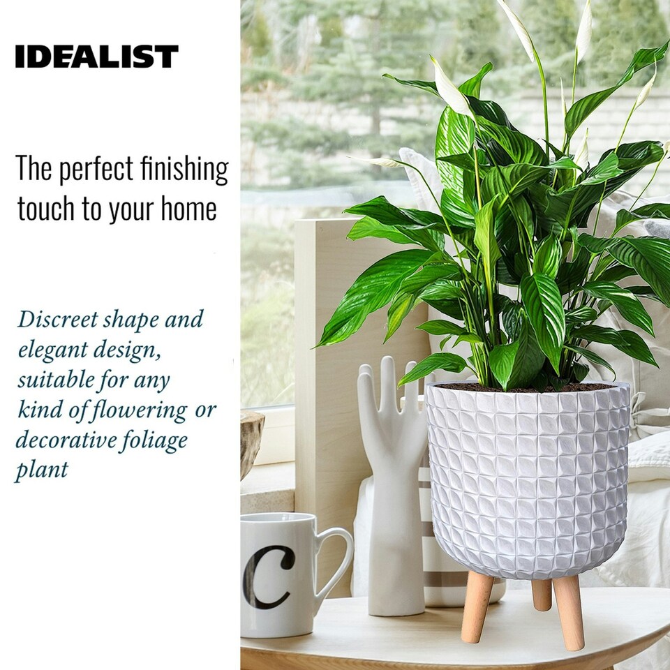 image 1 of Geometric Patterned White Cylinder Planter on Legs, Round Pot Plant Indoor D21 H34 cm, 9.1 ltrs Cap.