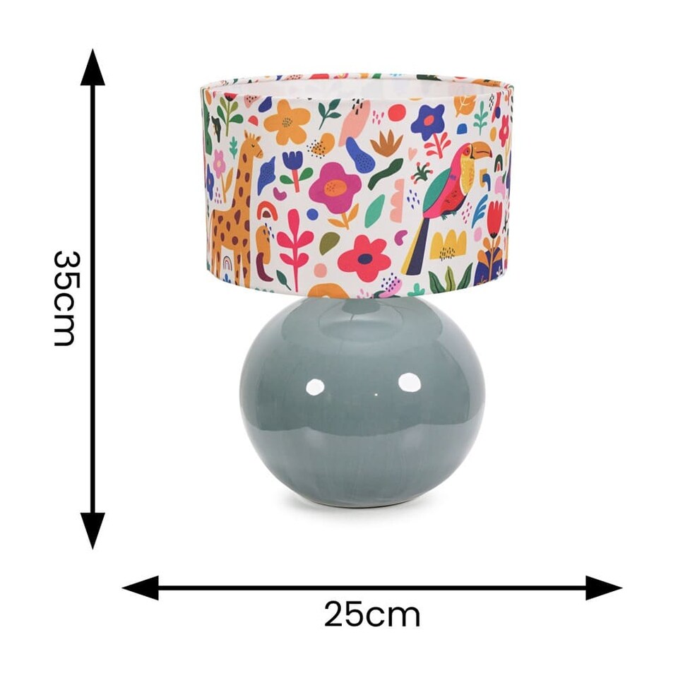 image 1 of ValueLights Bosco Eucalyptus Ceramic Table Lamp with Jungle Print Drum Shade