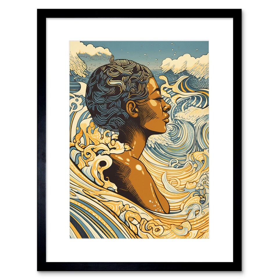 image 1 of Barbados Woman Summer Sea Waves Portrait 9x7" Black Framed Wall Art Print