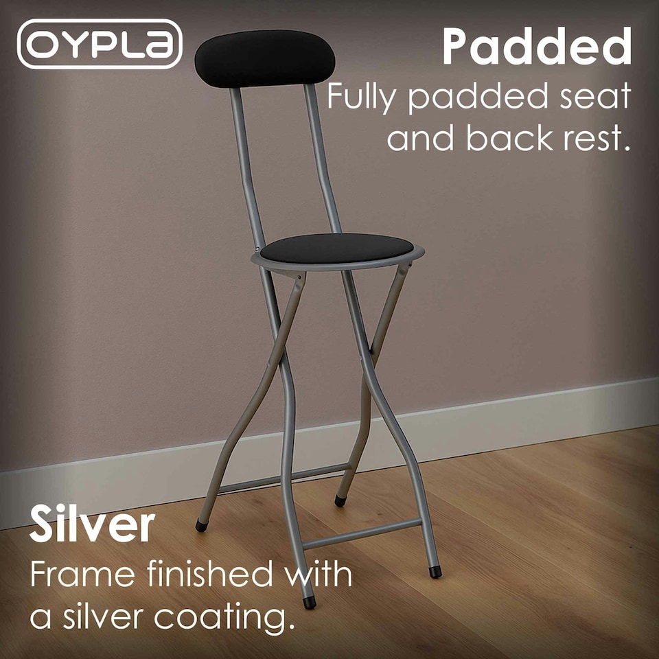 image 1 of Oypla Black Padded Folding High Chair Breakfast Kitchen Bar Stool Seat Black