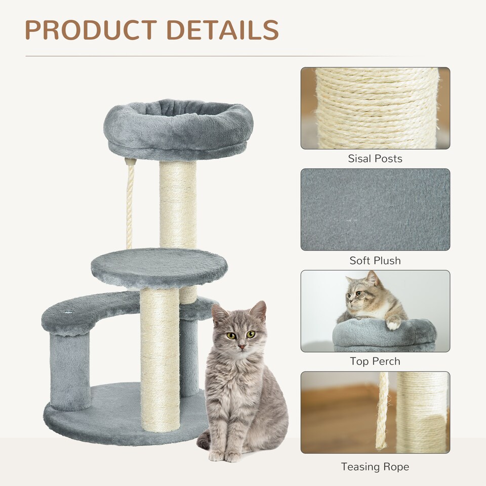 image 1 of PawHut 65cm Cat Tower, Small Cat Condo with Sisal Posts, Rope, Perches Grey