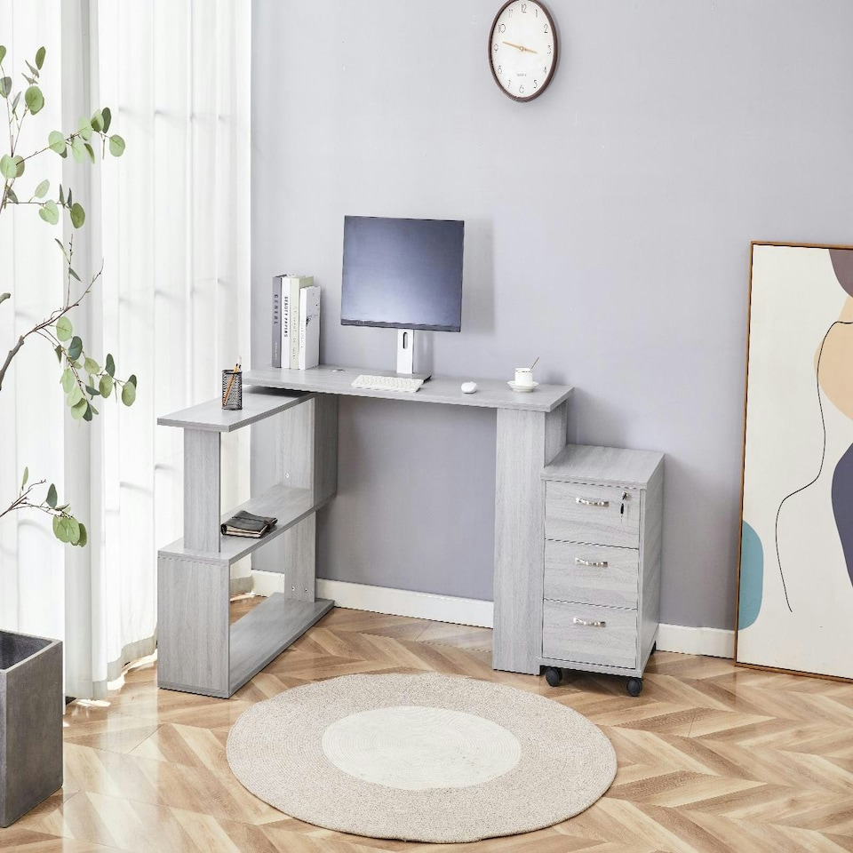 image 1 of Grey Office Desk L-shaped with Grey Velvet Upholstered Chair and Storage Drawers Grey