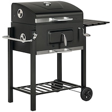 Outsunny Charcoal Grill BBQ Trolley Wheels Shelf Side Thermometer Steel Black