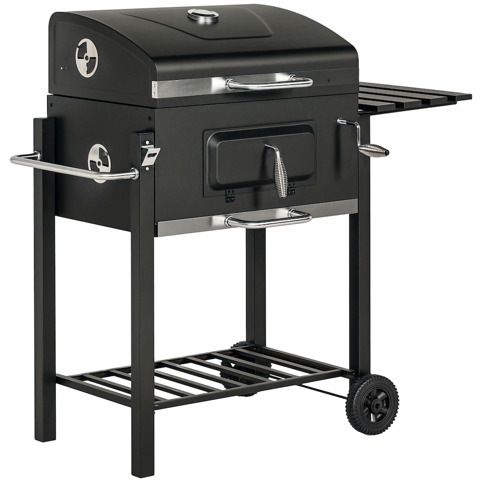 image 1 of Outsunny Charcoal Grill BBQ Trolley Wheels Shelf Side Thermometer Steel Black
