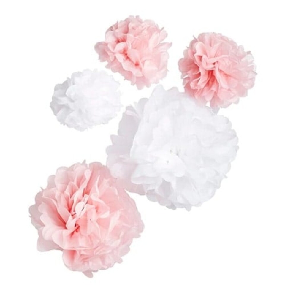 Pink & White Paper Pom Poms Decorations - Pack of 5