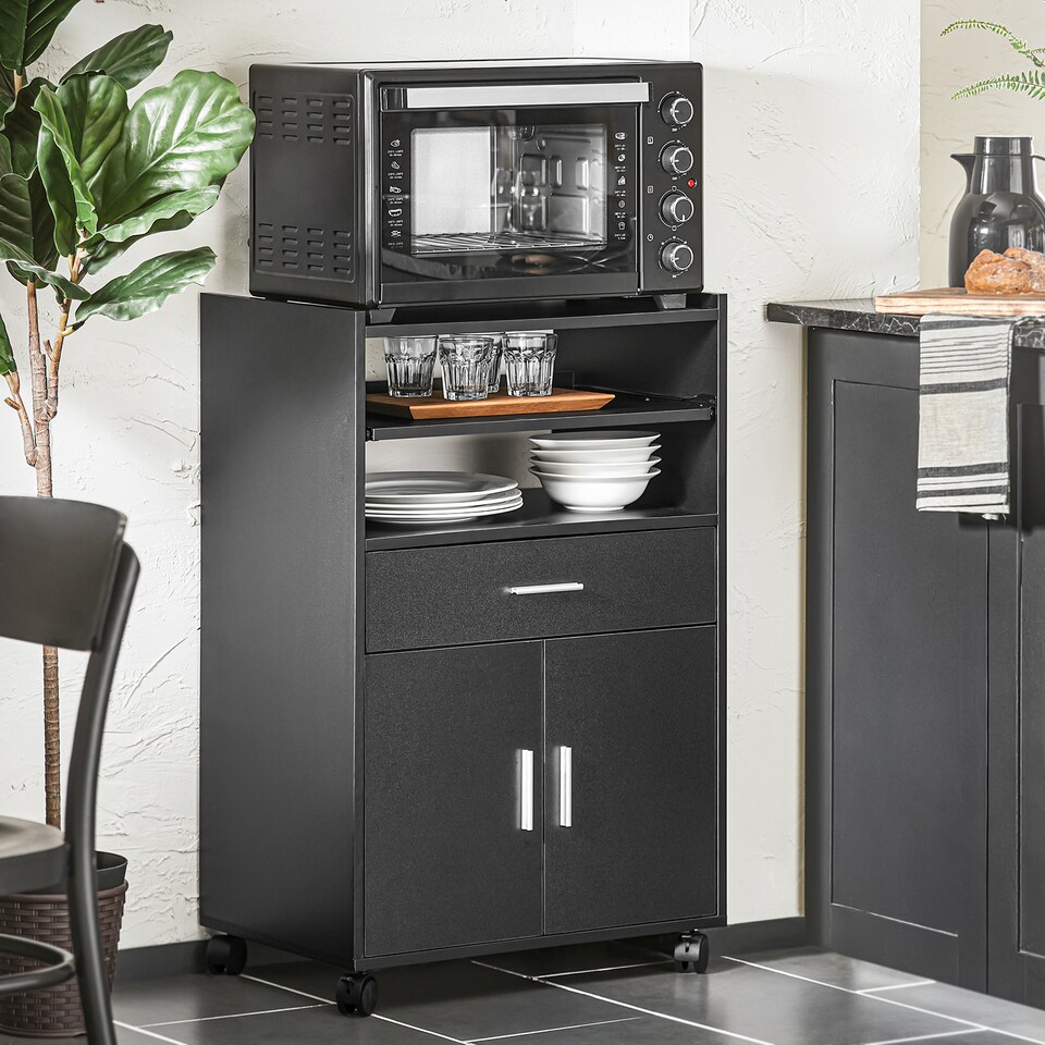 image 1 of SoBuy Kitchen Trolley with Extendable Worktop, Microwave Stand, 1 Drawer & 2 Doors, Black, 36.2x23.2x15.7 inches, 24.6 kg - FSB09-SCH