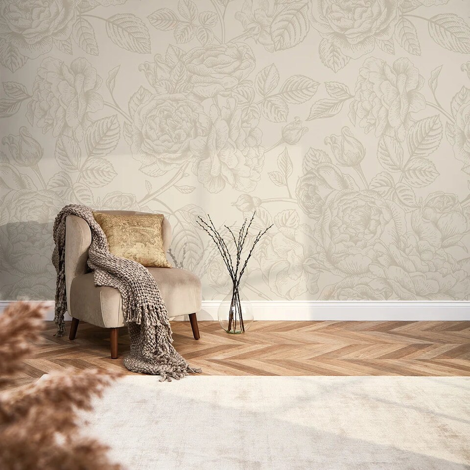 image 1 of Gentle Roses Full Wall Mural in Mushroom and Cream | Cream | Mushroom And Cream | Large (300cm x 240cm)