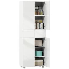 HOMCOM 4-Door Kitchen Cupboard, Tall Freestanding 5-Tier Storage Cabinet with 3 Adjustable Shelves, 2 Drawers for Living Room, Dining Room, Push to Open Design, High Gloss White