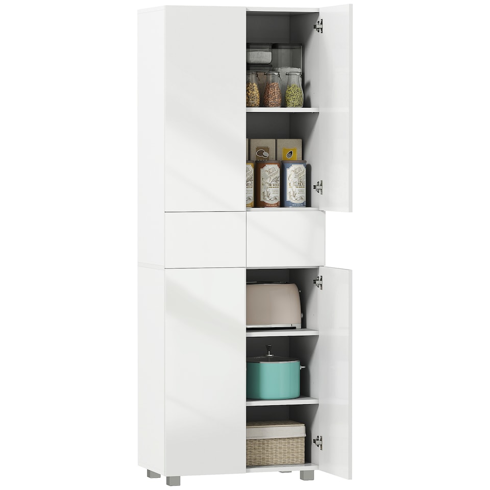 image 1 of HOMCOM 4-Door Kitchen Cupboard, Tall Freestanding 5-Tier Storage Cabinet with 3 Adjustable Shelves, 2 Drawers for Living Room, Dining Room, Push to Open Design, High Gloss White