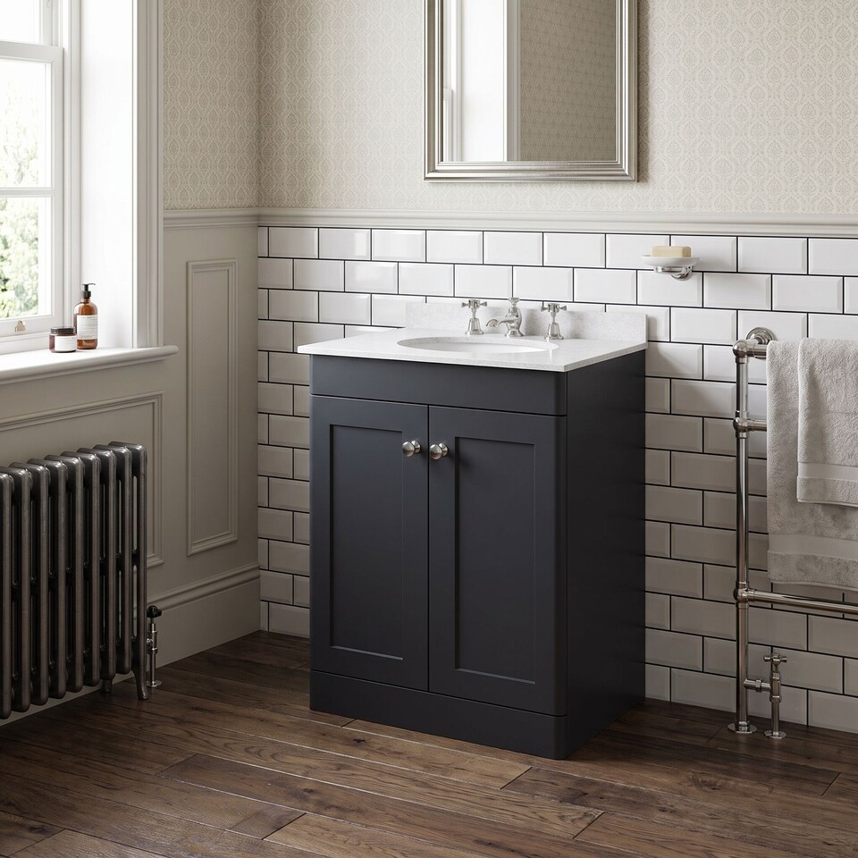 image 1 of Balterley Swynnerton Traditional 2 Door Floor Standing Vanity Unit with Marble Basin, Dark Grey, 600mm