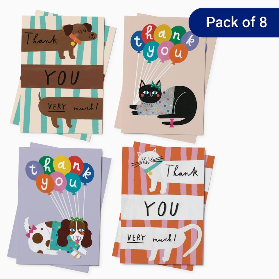 image 1 of Cats & Dogs Thank You Card Pack - Pack of 8 (4 Designs)