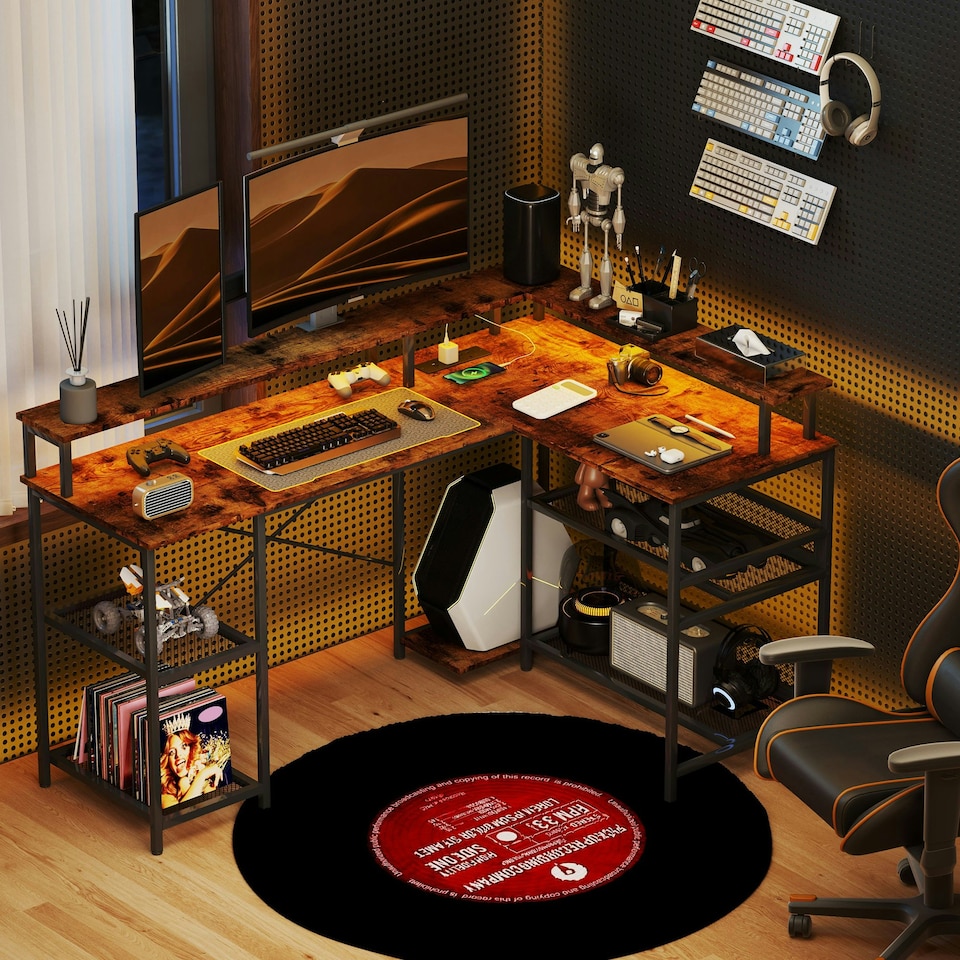 image 1 of HOMCOM L Shaped Gaming Desk w/ LED Lights and Power Outlets for Small Space