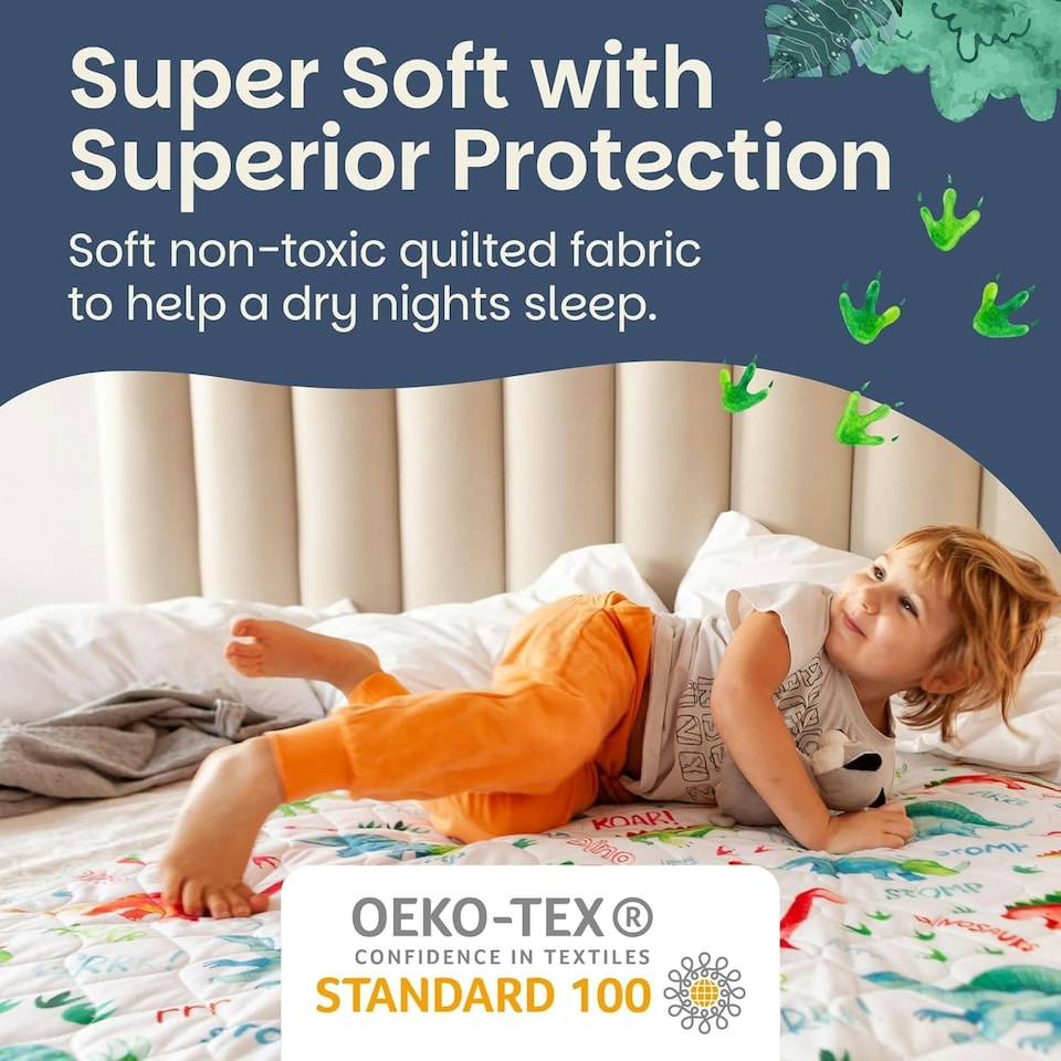 image 1 of Lynmark® Toddler Potty Training Bed Pad with Tucks - Non-Slip 90 x 85cm White | Dinosaur | Single
