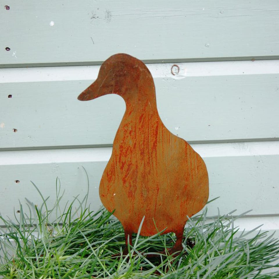 image 1 of Duck Facing on Stake - Hand Made By Traditional Forge, Steel Garden Ornament - Steel - W17.8 x H30 cm - Bare Metal/Ready to Rust