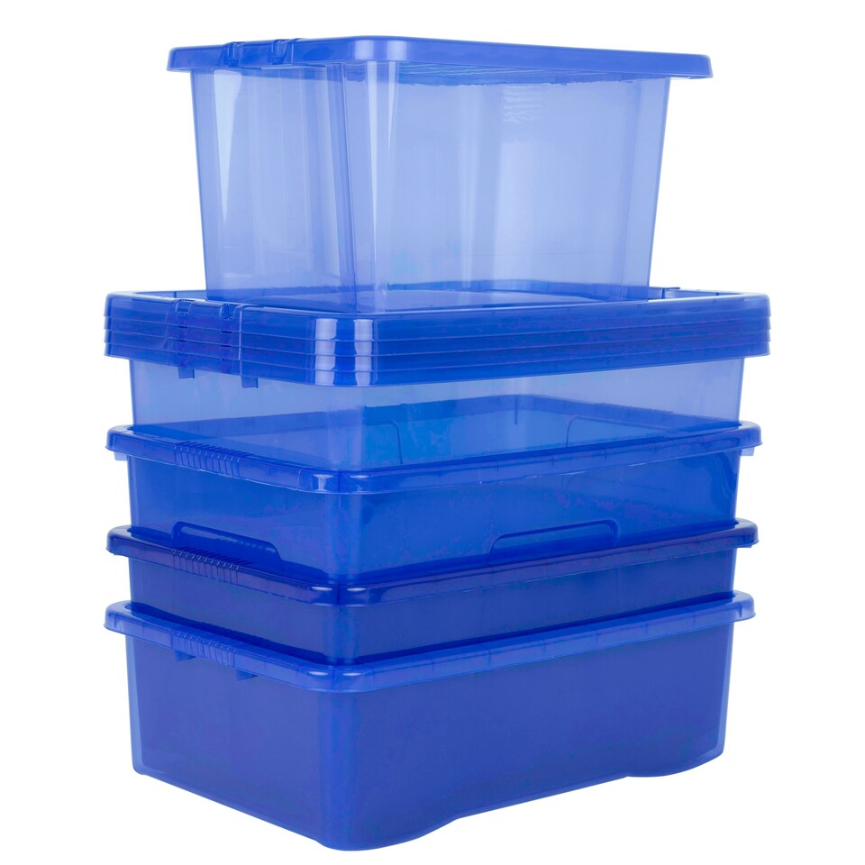 image 1 of Wham Crystal 5 x Multisize Stackable Plastic Storage Boxes with Lids Tint Spectrum Blue Blue
