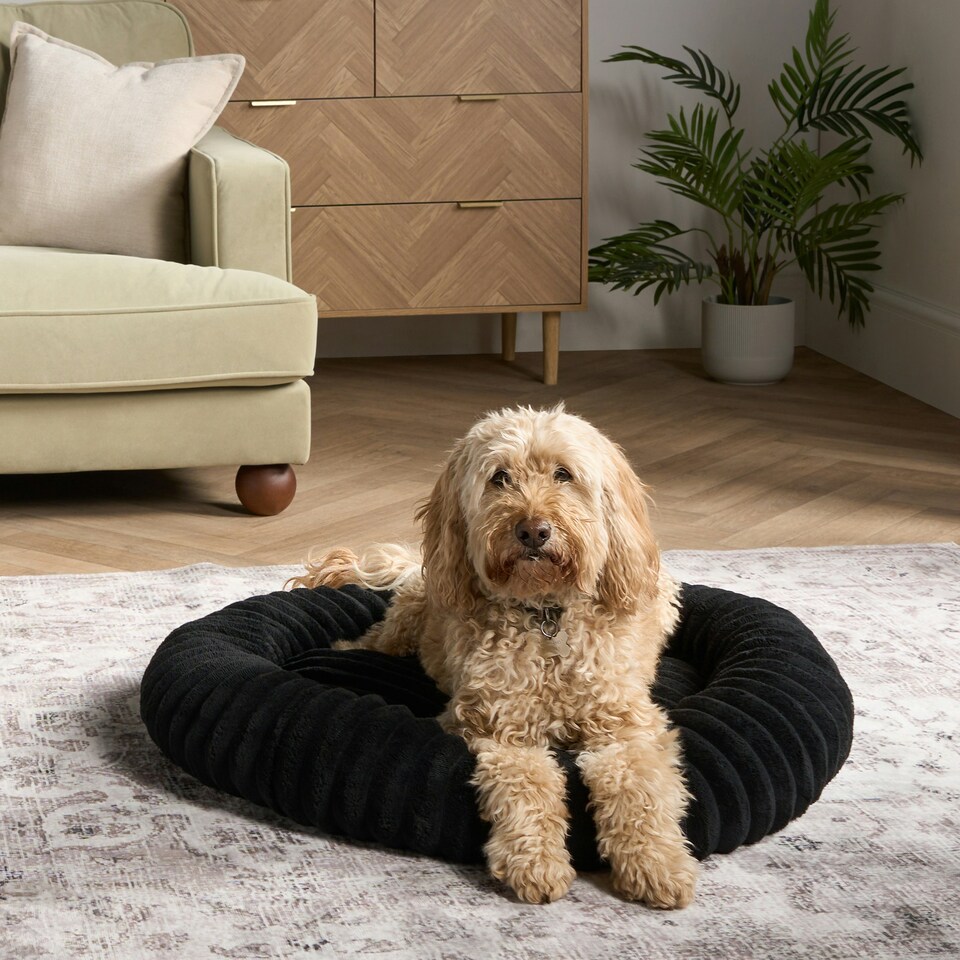 image 1 of OHS Ribbed Round Plush Plump Soft Warm Cosy Pet Dog Cat Cushioned Donut Bed Black | M