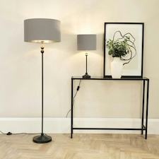 ValueLights Maggie Black Candlestick Table Lamp with Grey and Metallic Chrome Lamp Shade