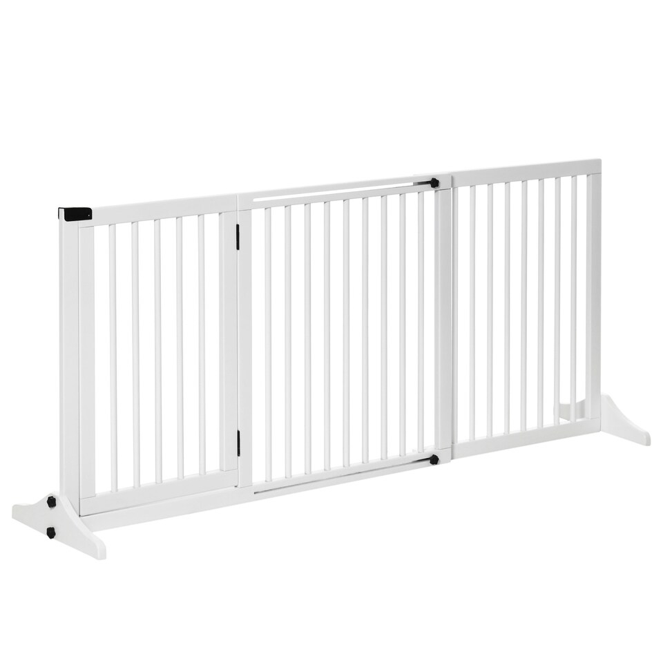 image 1 of PawHut Wooden Freestanding Pet Gate Adjustable w/ Door Lock Safe Barrier White